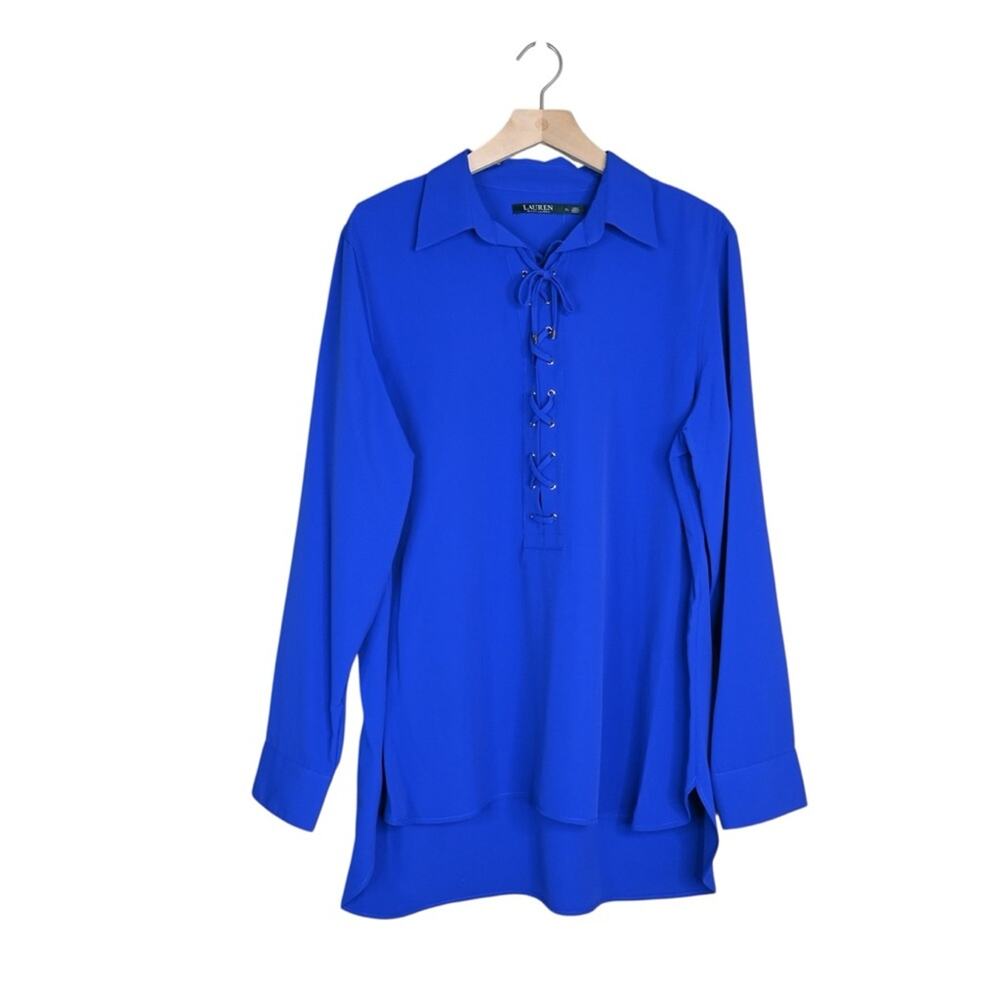 Lauren Ralph Lauren Womens XL Blue Lace-up Long Sleeve Tunic Blouse NEW